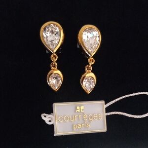 Vintage Courrèges Gold-Tone Large Clear Crystal Teardrop Drop Earrings Signed